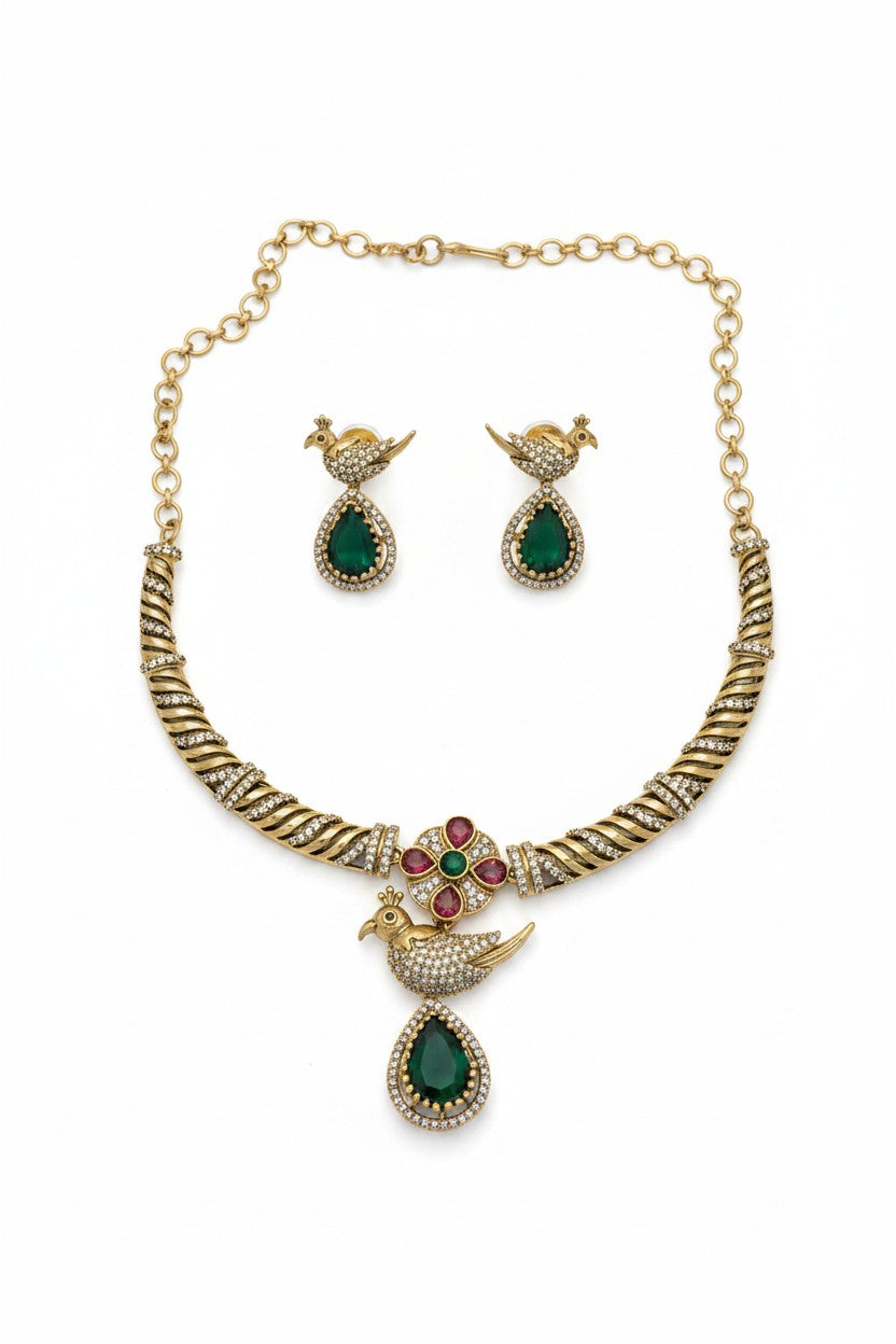 Emerald Mayur Rani Haar Necklace Set with Peacock Motif & Polki Finish