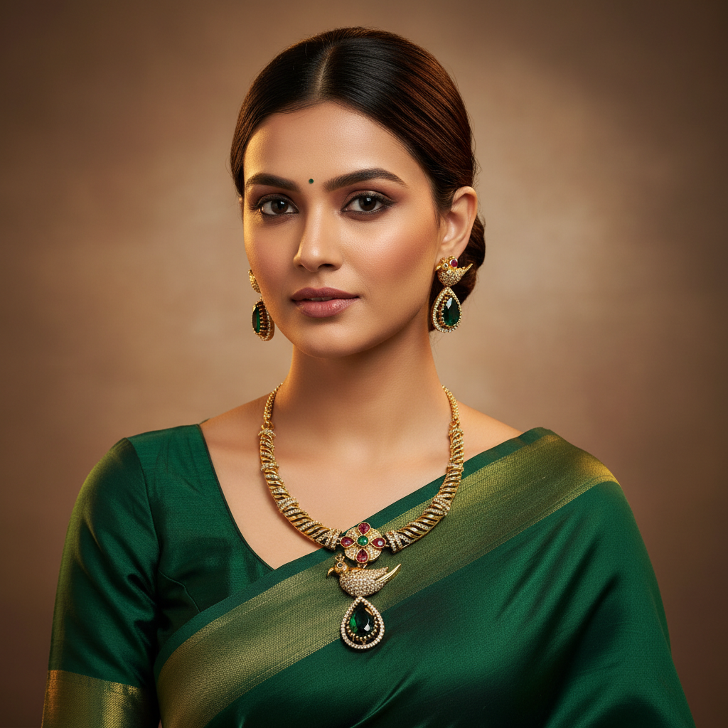 Emerald Mayur Rani Haar Necklace Set with Peacock Motif & Polki Finish