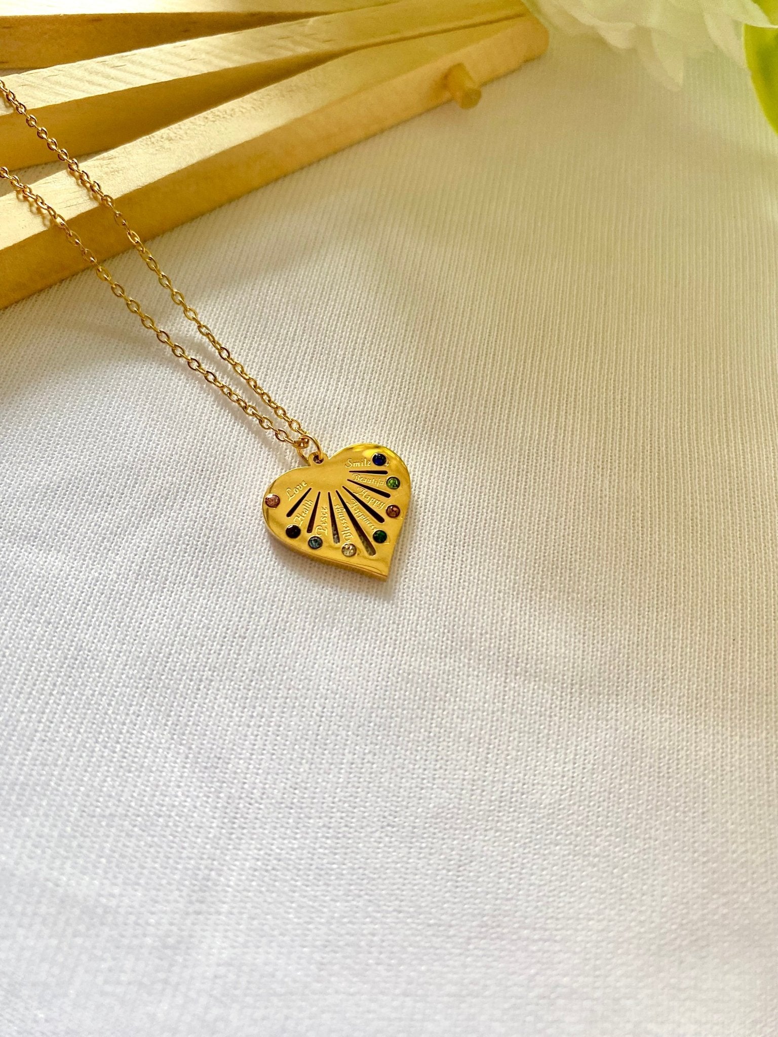 Engraved Heart Pendant Necklace – 18K Gold Plated with Multicolor Stones jewellery - Anti tarnish necklace | Ivvati Art Jewellery