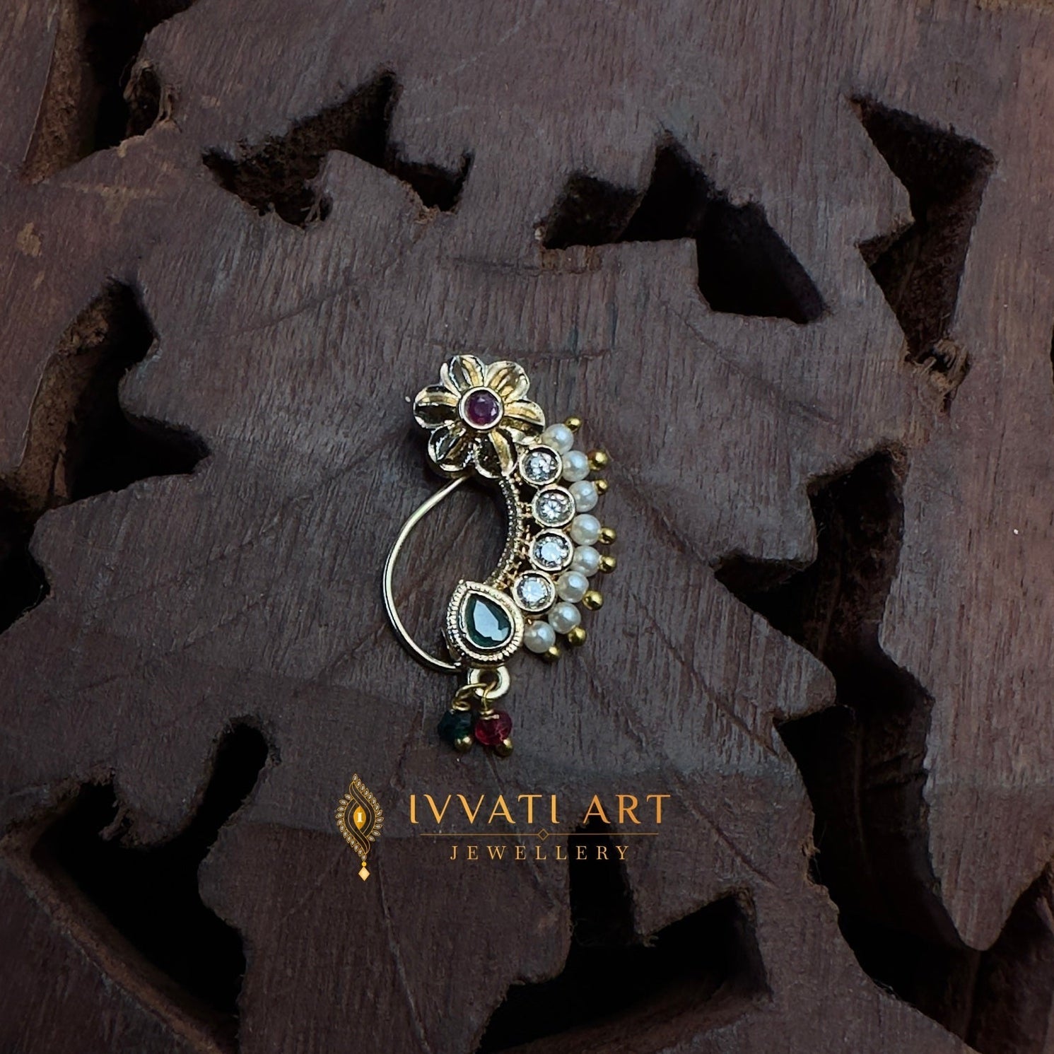 Floral Kundan Nath with Ruby and Emerald Drops – Ivvati Art Jewellery jewellery - NATH | Ivvati Art Jewellery
