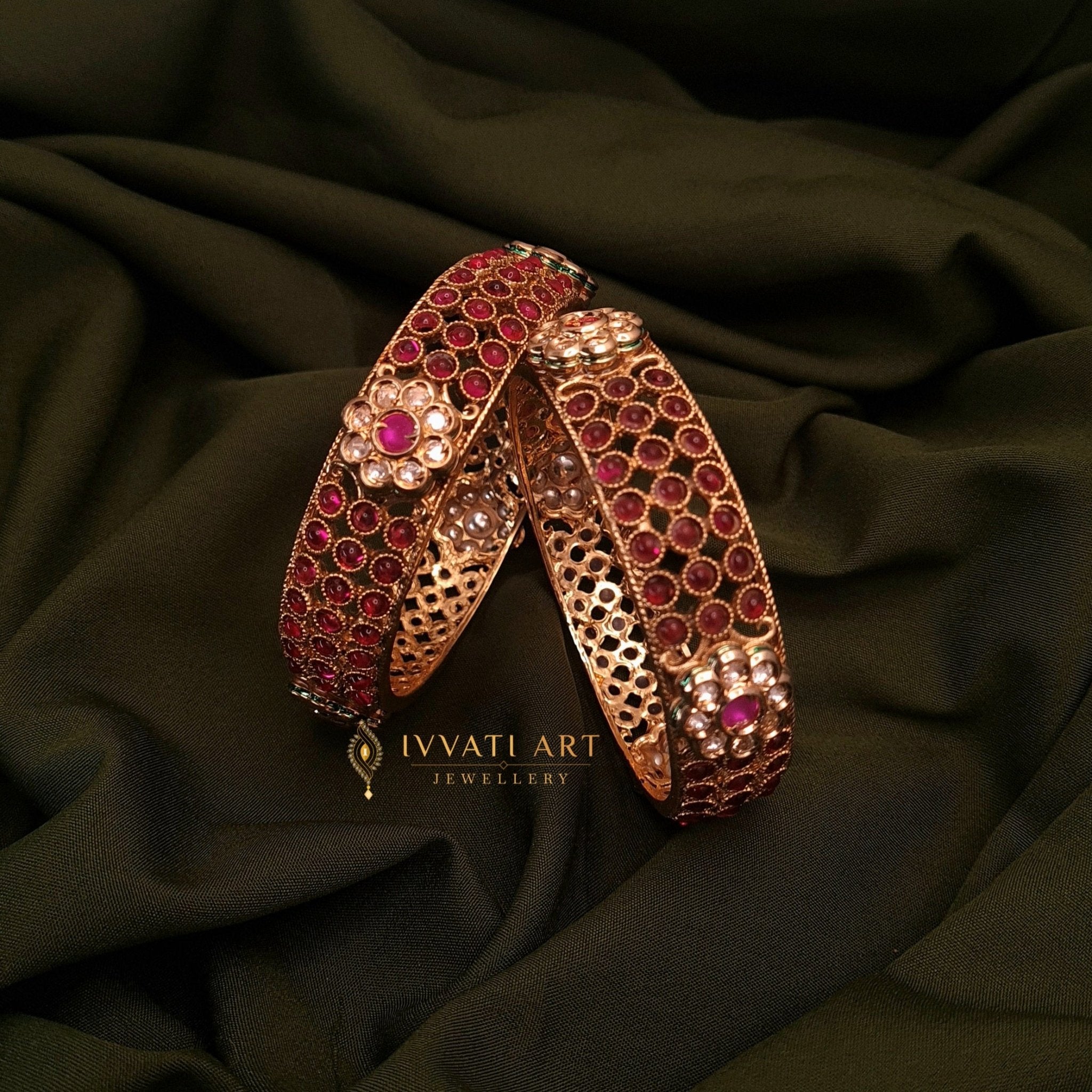 Floral Ruby Stone Kada with Gold Finish jewellery - Bangles | Ivvati Art Jewellery