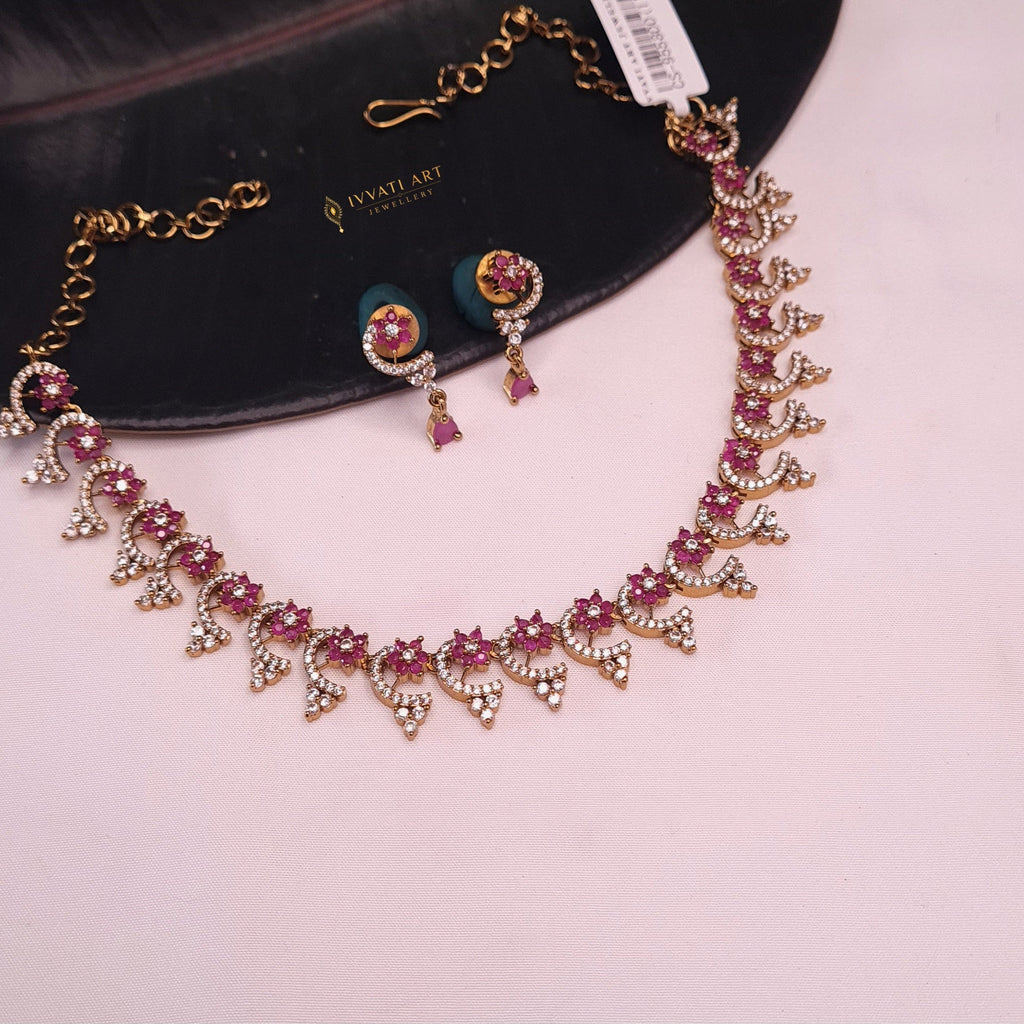 Flower Design CZ Necklace Set with Ruby Stones jewellery - Copper | Ivvati Art Jewellery