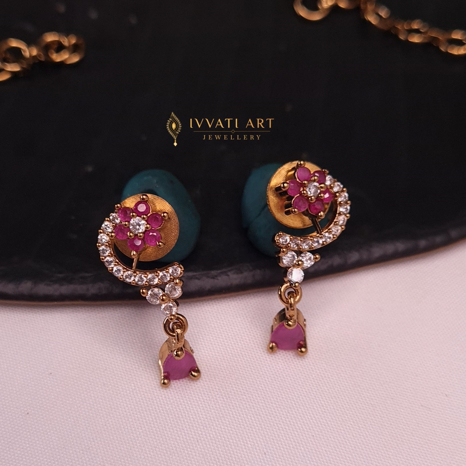 Flower Design CZ Necklace Set with Ruby Stones jewellery - Copper | Ivvati Art Jewellery
