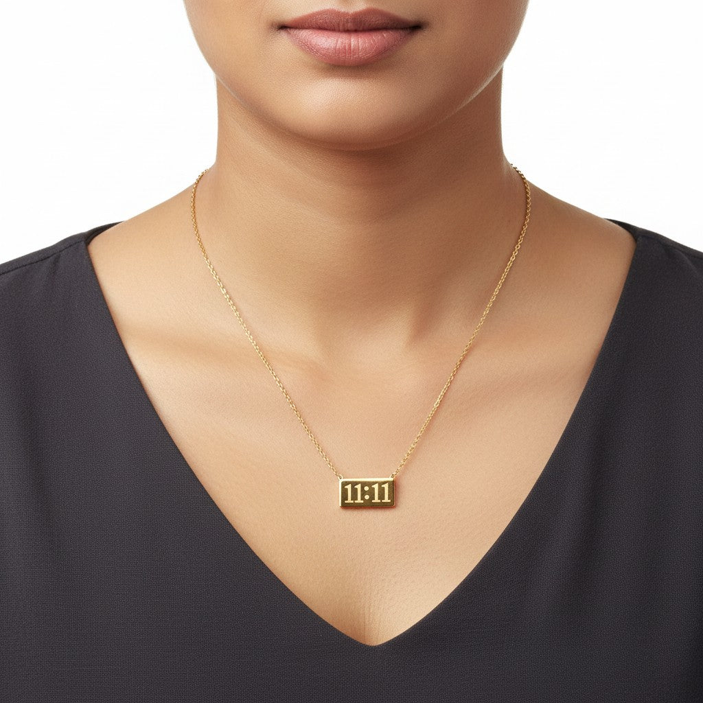 Gold 11:11 necklace for women with rectangular bar pendant
