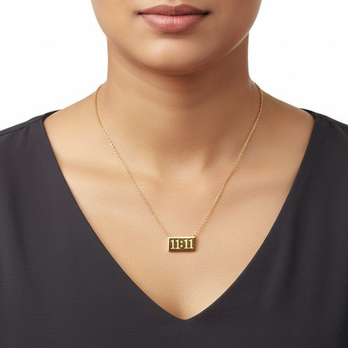 Gold 11:11 necklace for women with rectangular bar pendant