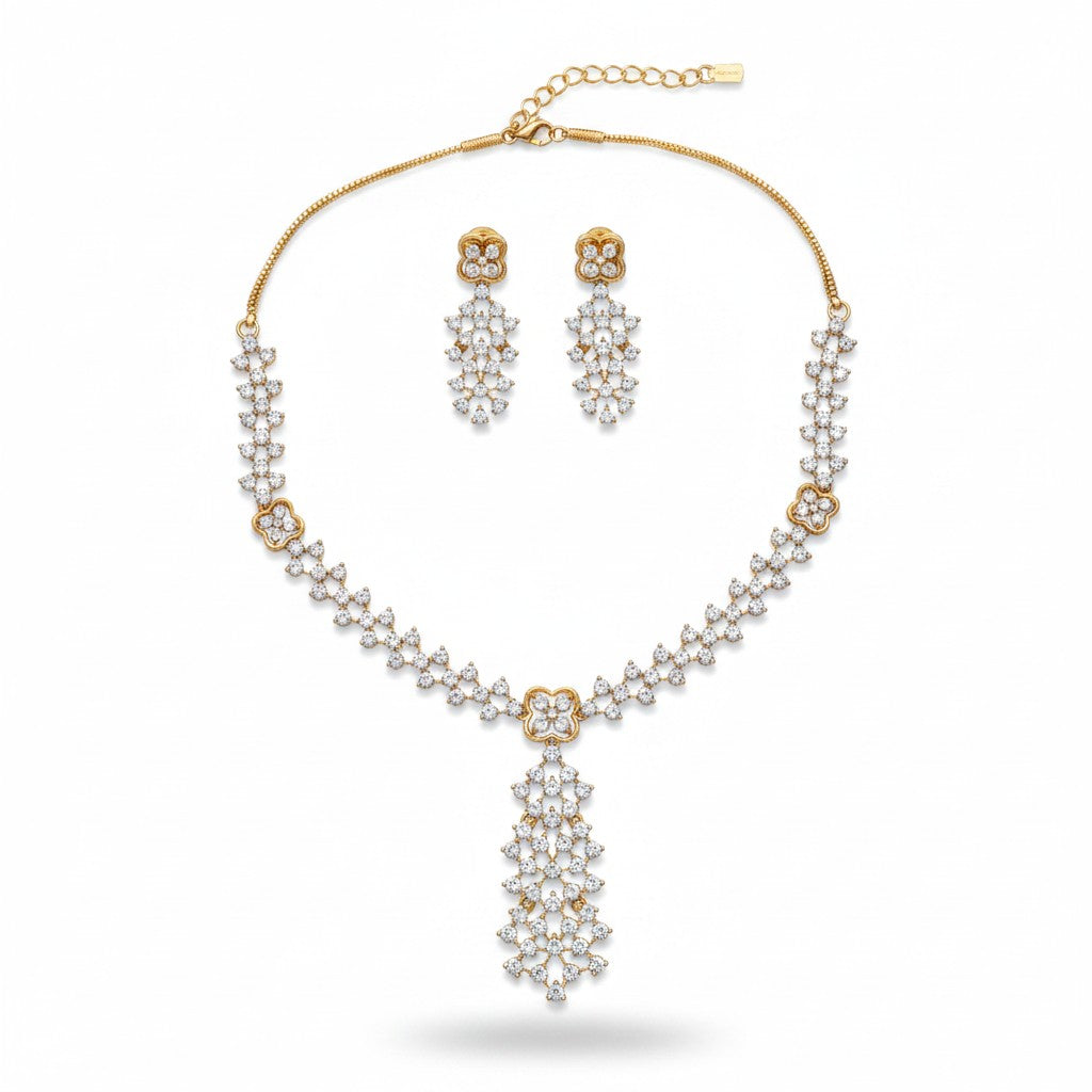 Gold AD CZ statement necklace set with floral stone detailing and earrings by Ivvati Art Jewellery