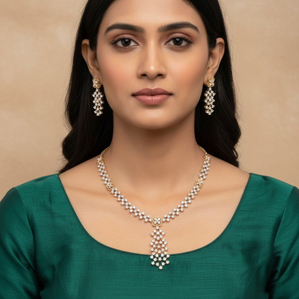 Gold American Diamond CZ necklace with matching drop earrings by Ivvati