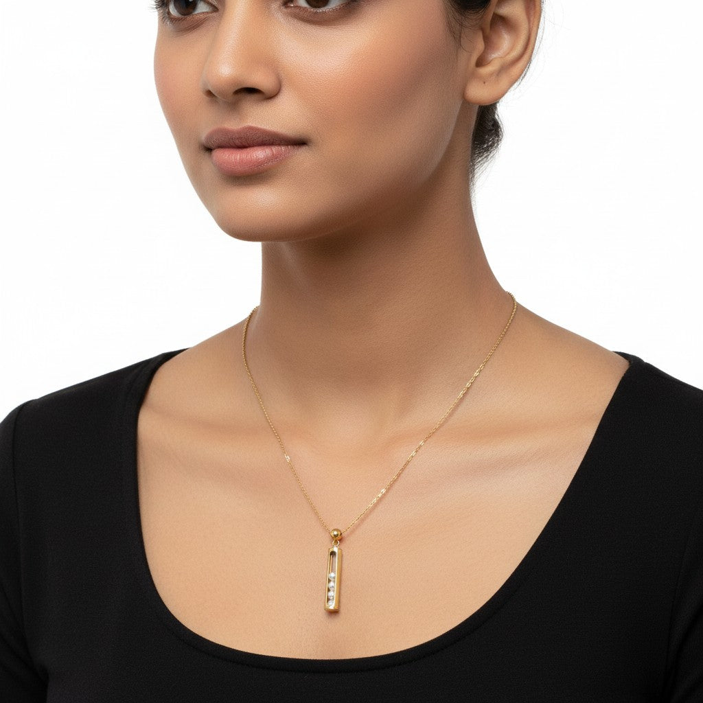 Gold bar pendant necklace featuring white pearl detailing for women | Ivvati demi-fine jewellery