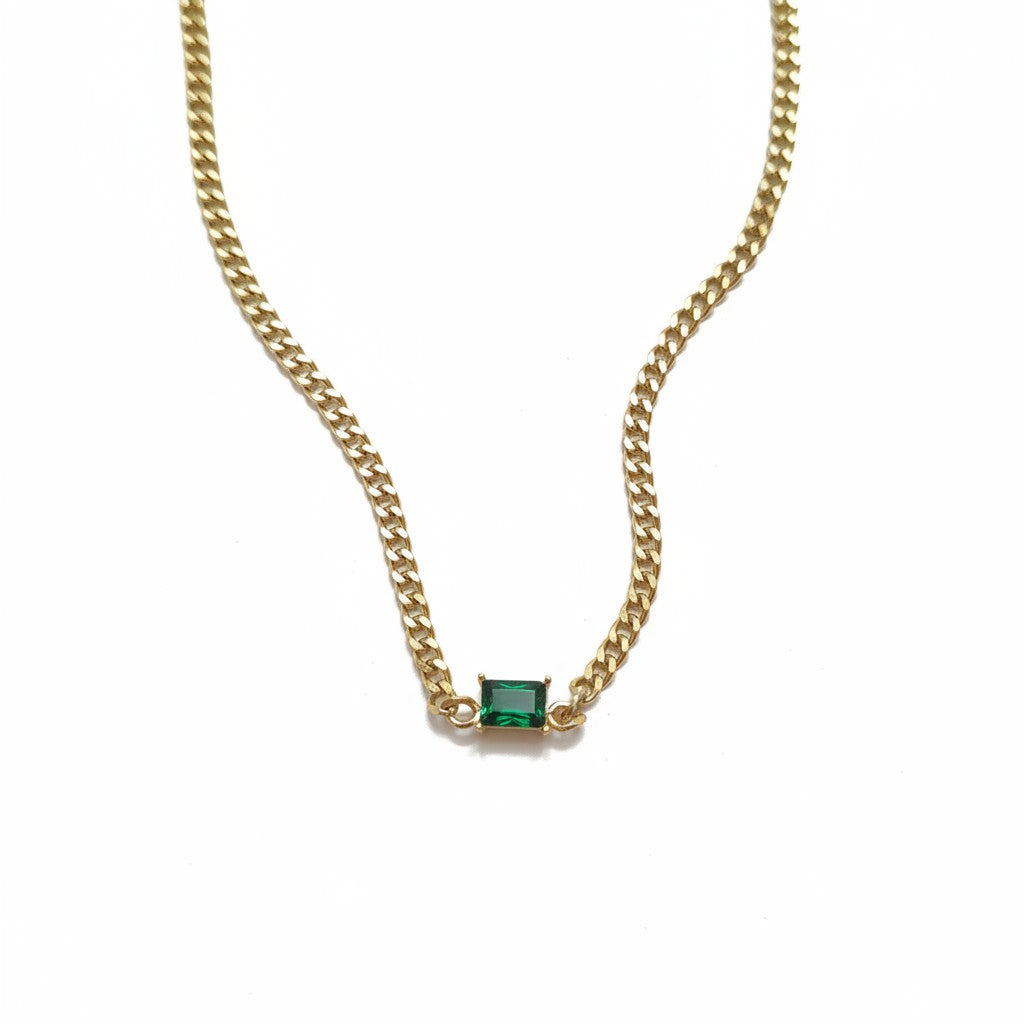 Gold chain necklace with rectangular green stone for women