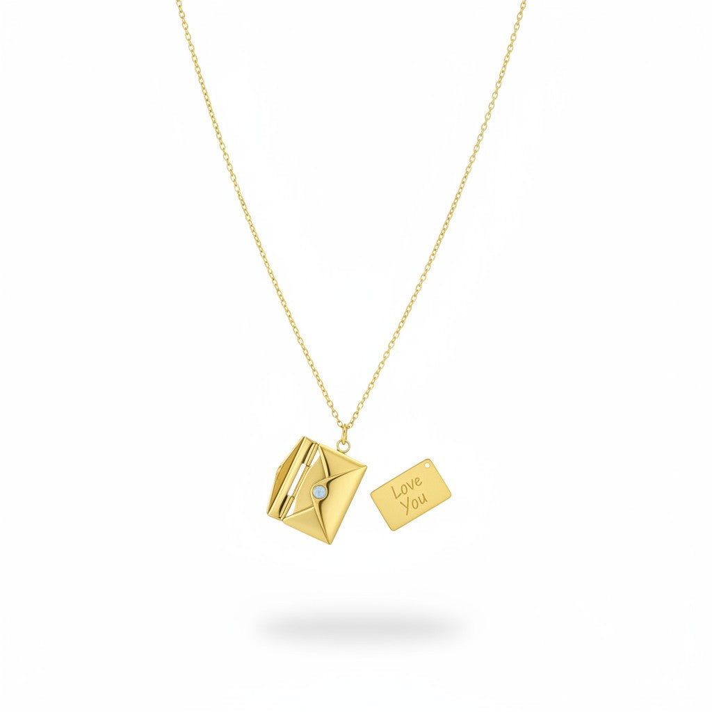 Gold envelope pendant necklace with Love You message charm