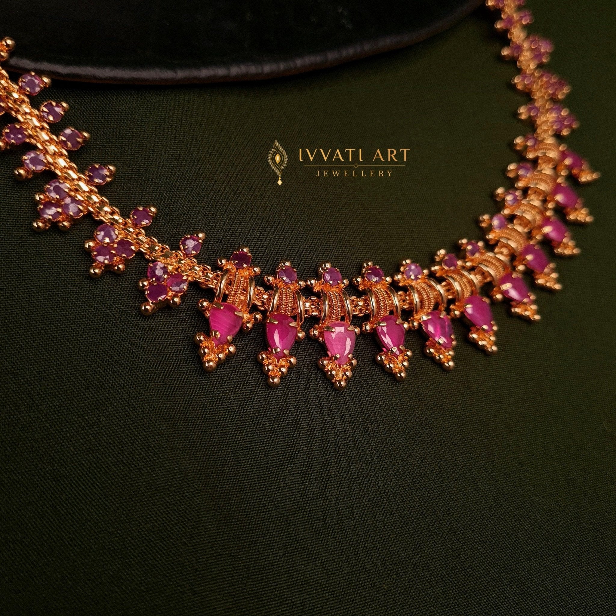 Gold Finish Necklace with Pink Stones jewellery - Copper | Ivvati Art Jewellery