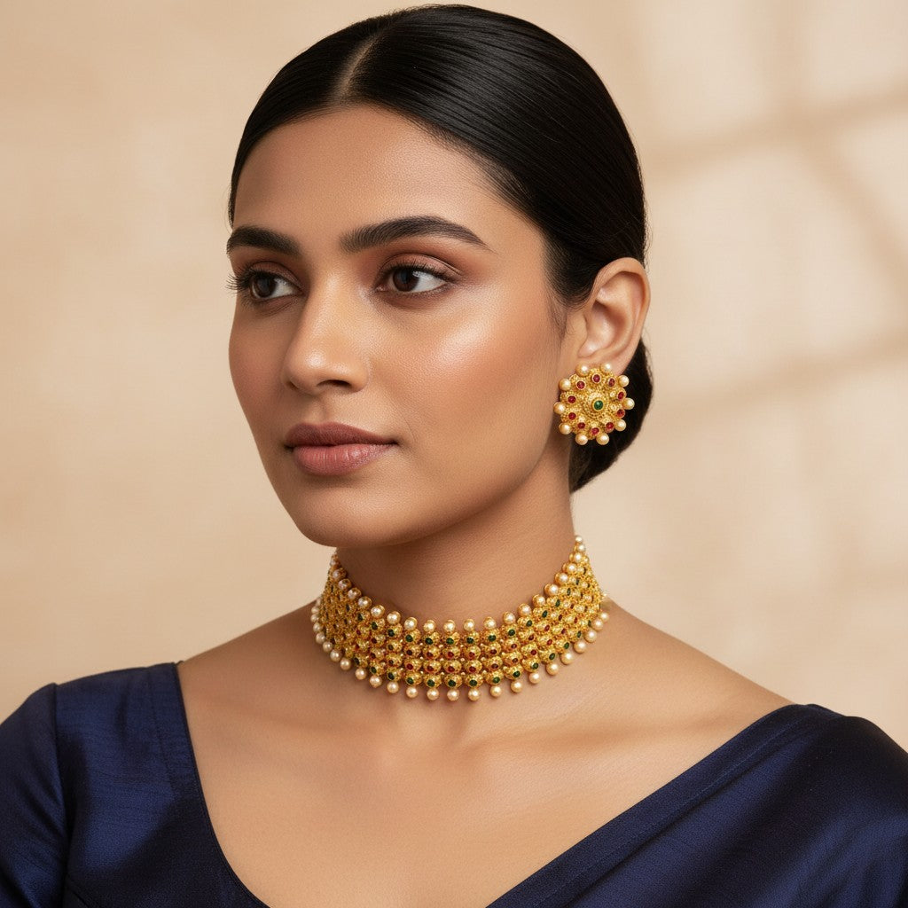 Traditional gold finish choker necklace with red green stones and matching earrings by Ivvati