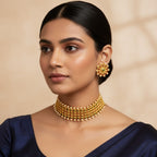 Traditional gold finish choker necklace with red green stones and matching earrings by Ivvati