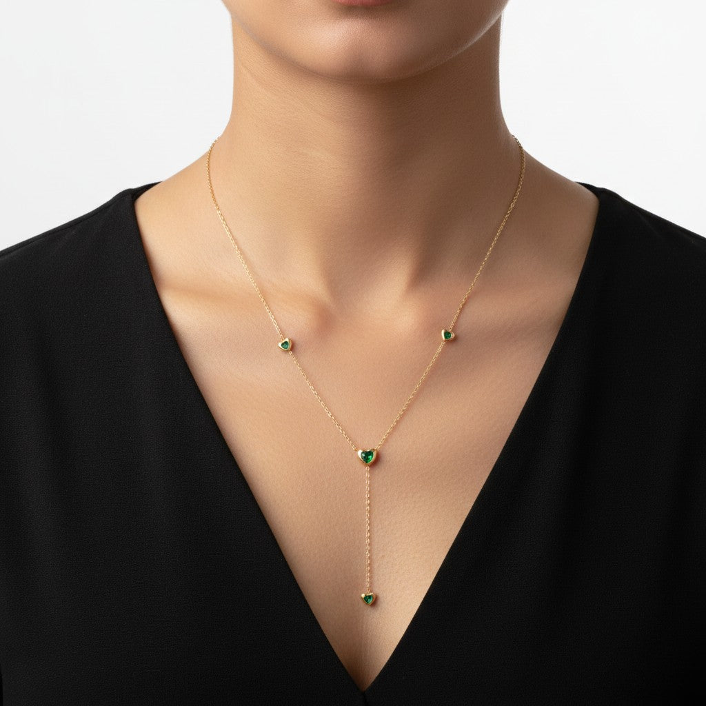 Gold Y necklace with green heart stones for women