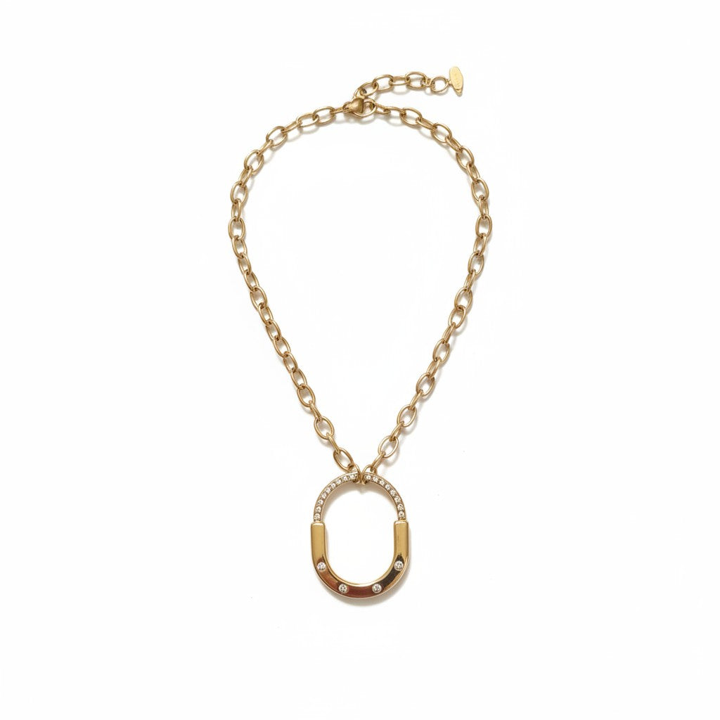 Gold oval necklace with sparkling open oval pendant for women | Ivvati demi-fine jewellery