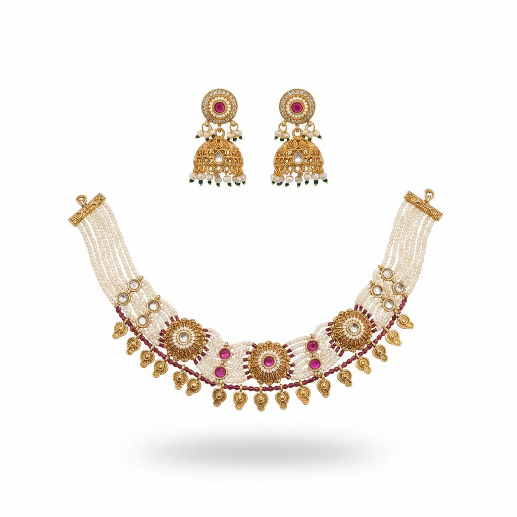 Gold traditional pearl necklace set with pink green stones and Jhumka earrings by Ivvati Art Jewellery