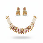 Gold traditional pearl necklace set with pink green stones and Jhumka earrings by Ivvati Art Jewellery