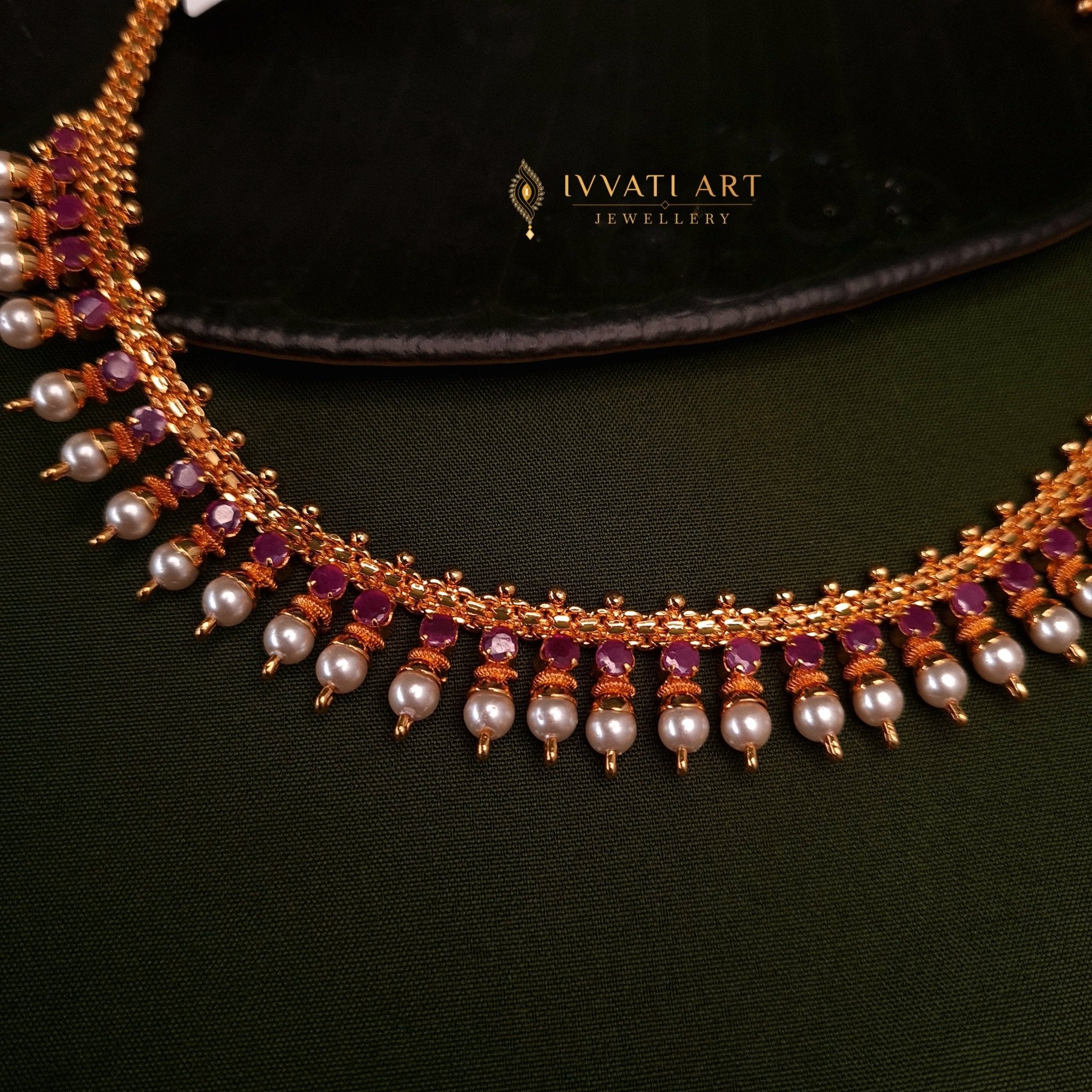 Gold - Plated Copper Ruby Necklace Set with Moti jewellery - Copper | Ivvati Art Jewellery