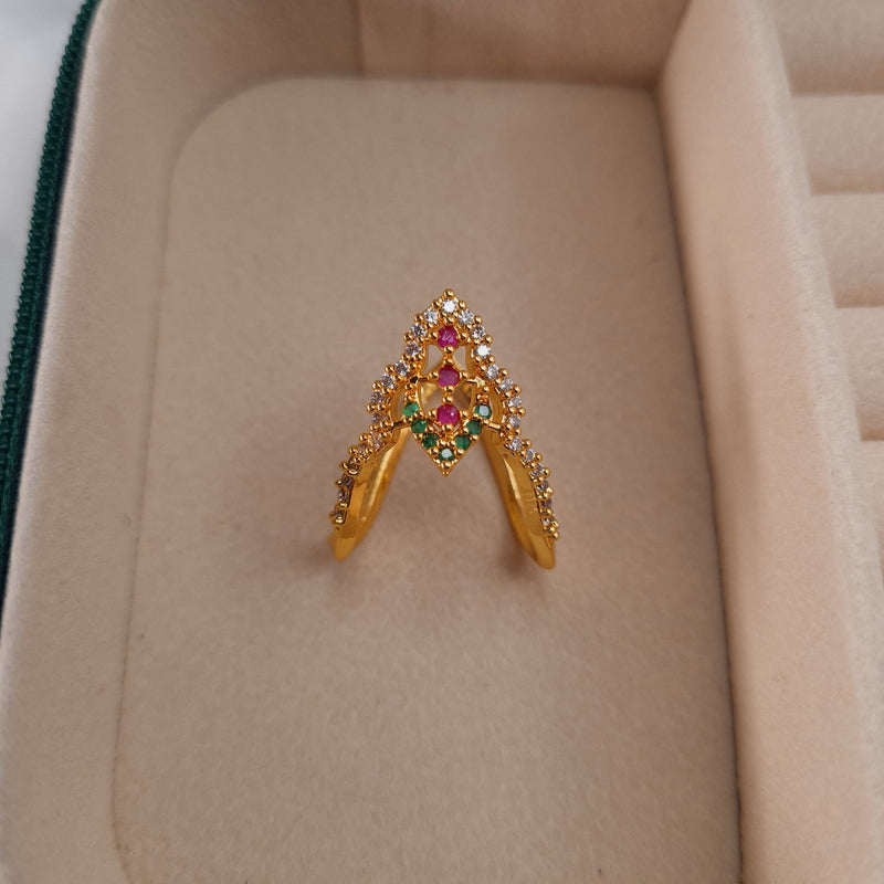 Gold - Plated Copper V - Shaped Ring with Ruby & Green Stones jewellery - Rings | Ivvati Art Jewellery