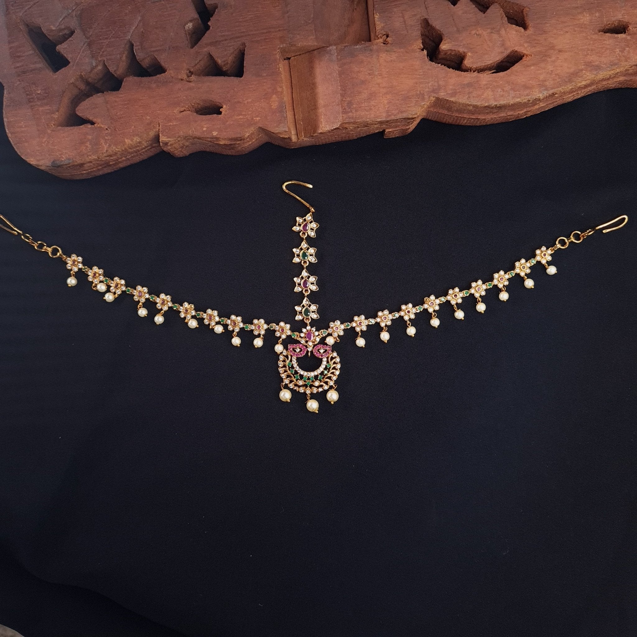 Gold - Plated Damini with Tikka – Pearl & CZ Bridal Headpiece jewellery - SHEESHPATTI | Ivvati Art Jewellery
