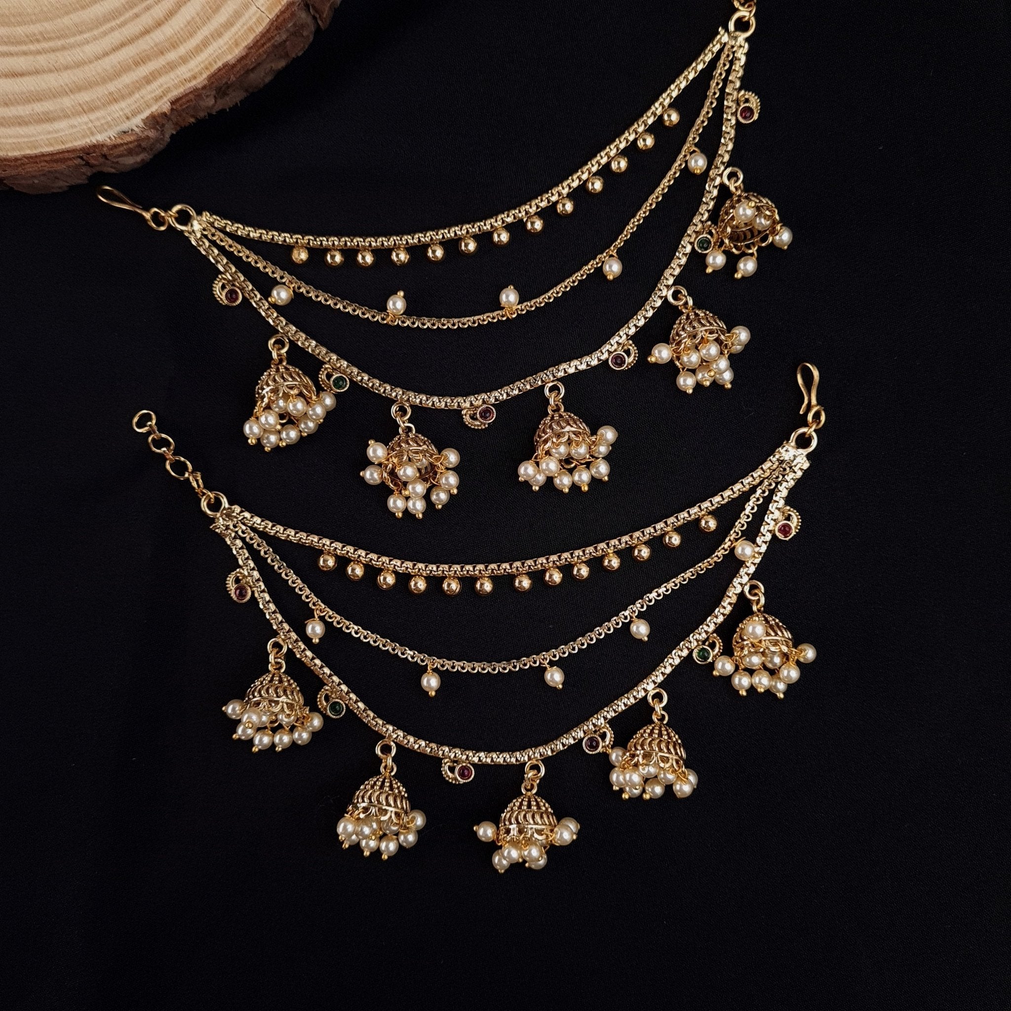 Gold - Plated Kaan Chain with Pearl Jhumka Drops – Traditional Ear Chain jewellery - Kaan Chain | Ivvati Art Jewellery