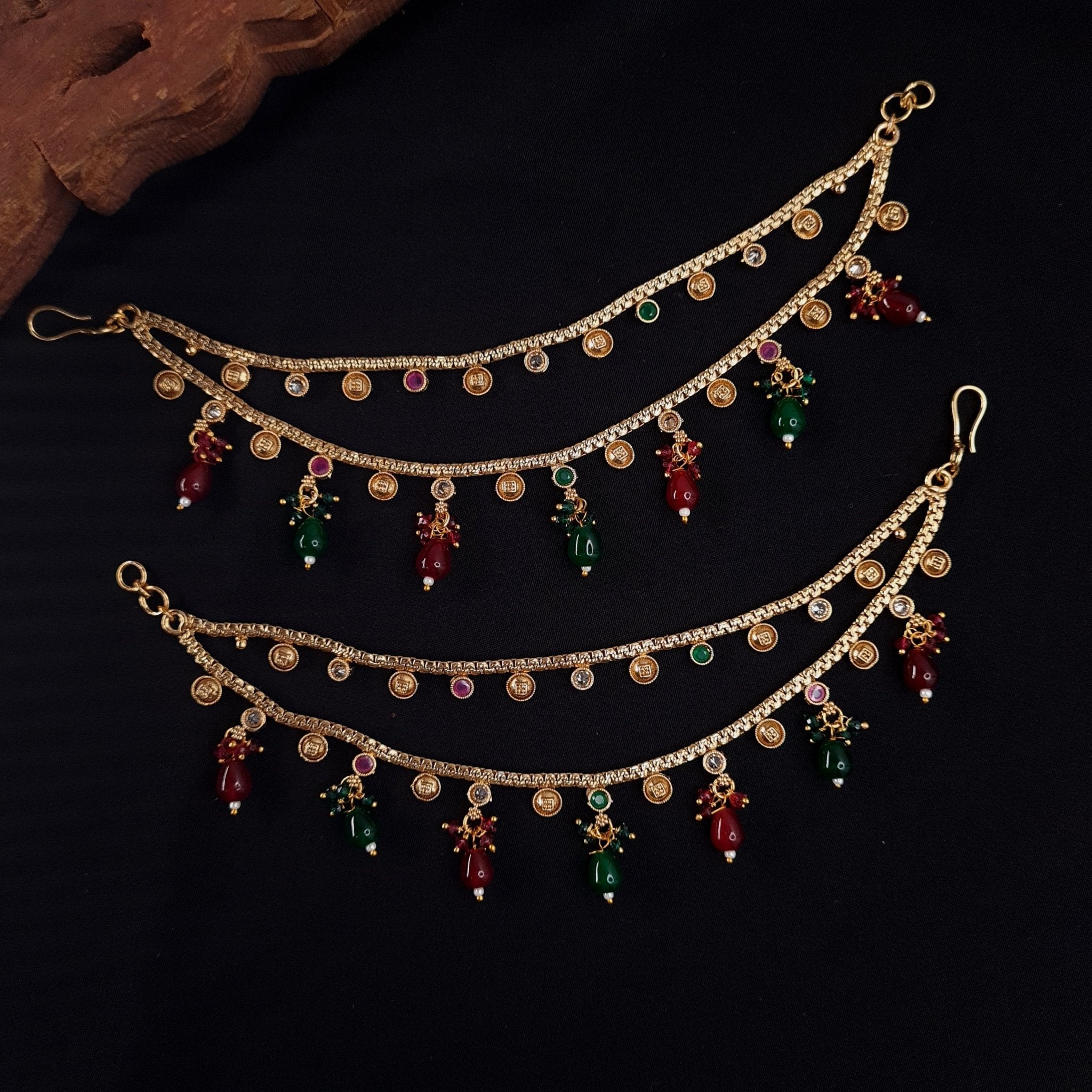Gold - Plated Kaan Chain with Ruby & Green Beads – Dual Layer Ear Chain jewellery - Kaan Chain | Ivvati Art Jewellery