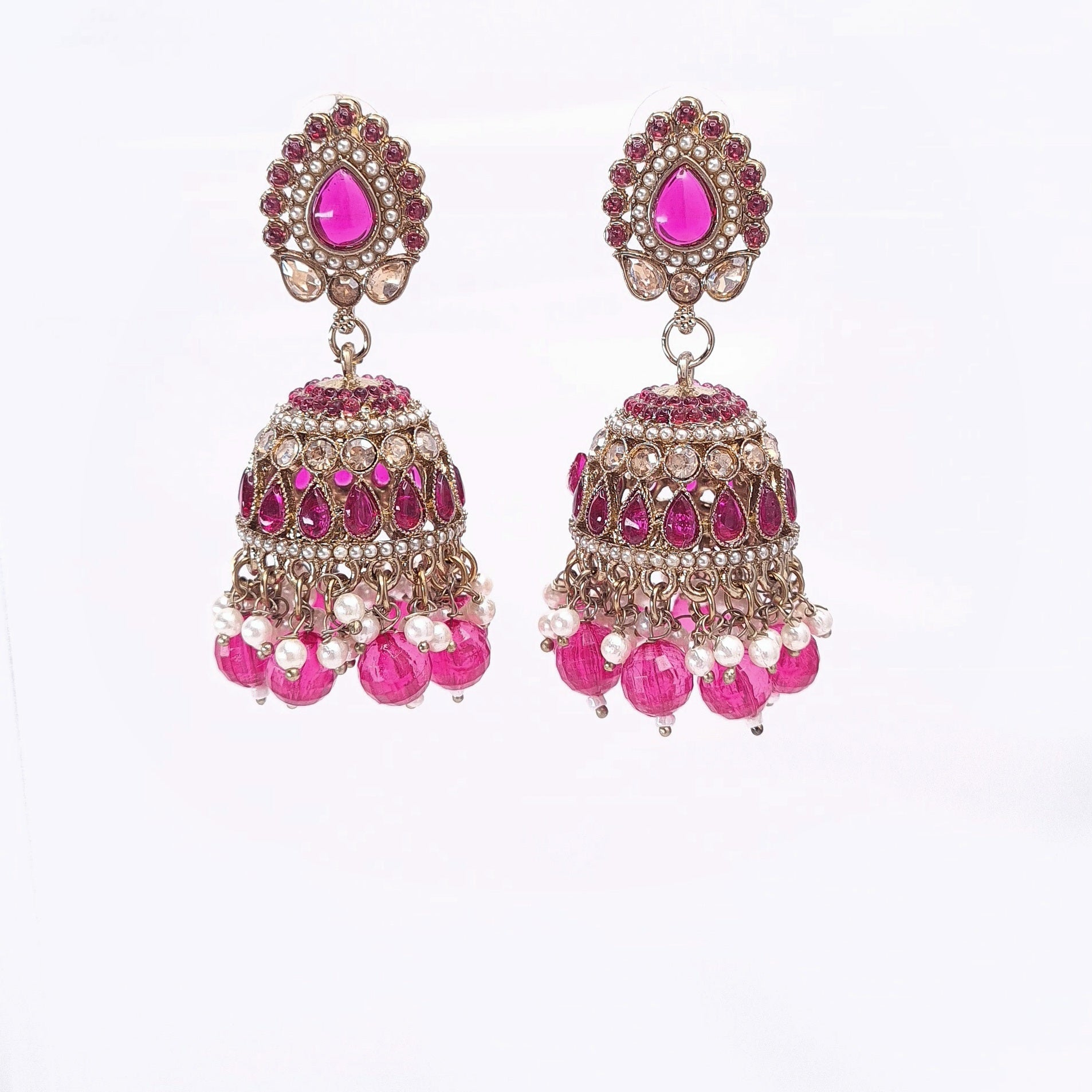 Grand Pink Kundan Jhumka Earrings with Pearls jewellery - Earrings | Ivvati Art Jewellery