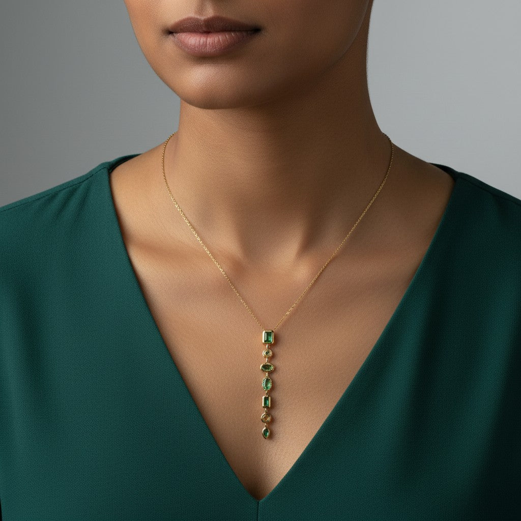 Long green stone pendant necklace for women with cascading green gemstone-style details