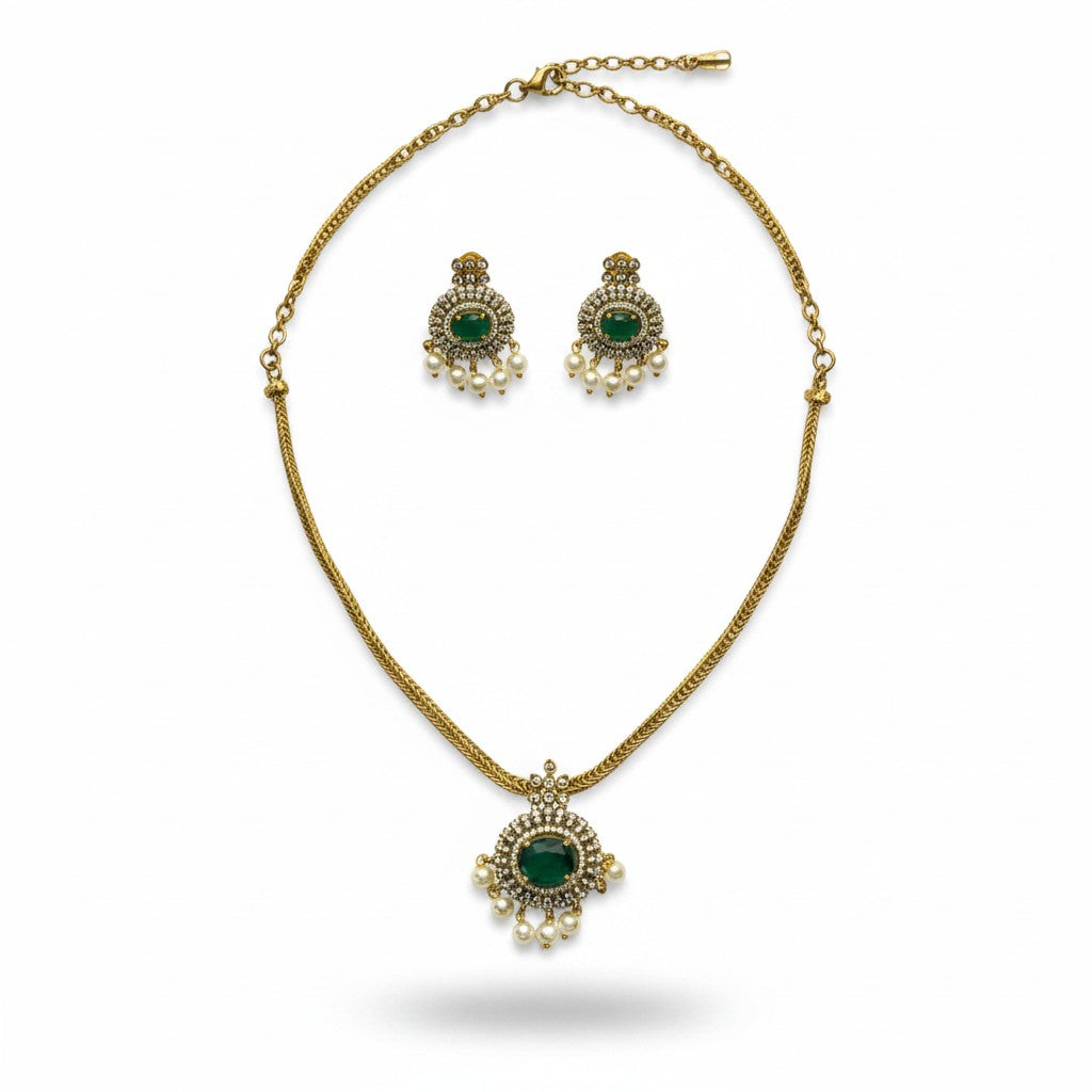Green stone traditional necklace and pearl drop earrings set by Ivvati Art Jewellery
