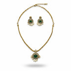 Green stone traditional necklace and pearl drop earrings set by Ivvati Art Jewellery