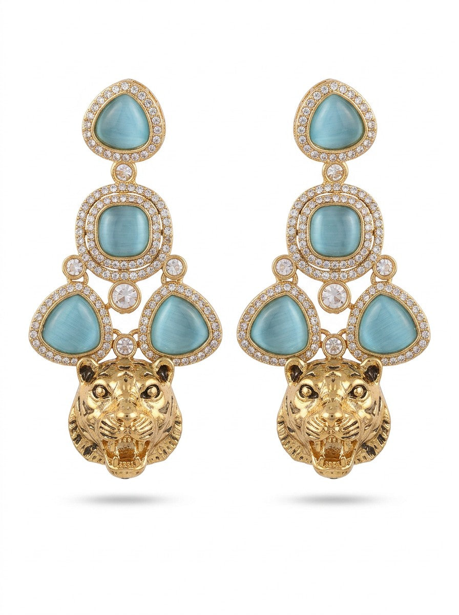 reen cat eye tiger head gold finish earrings with sparkling CZ stones by Ivvati
