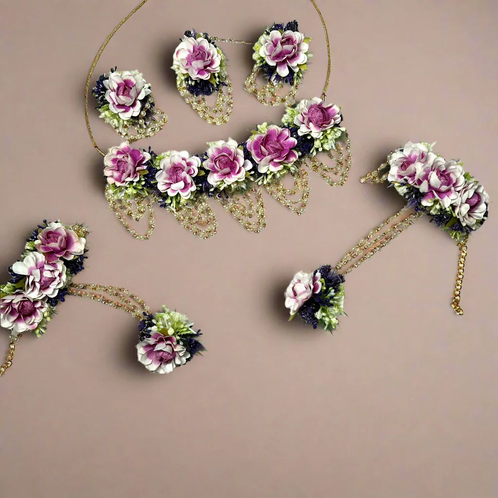 Handmade Flower Jewellery Set Purple jewellery - Handmade Flower Jewellery Set | Ivvati Art Jewellery