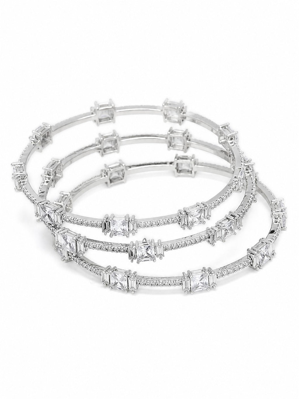 Close-up of Ivvati American Diamond bangle set with baguette-cut stones