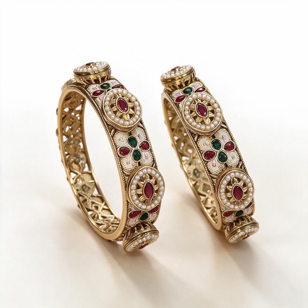 Ivvati gold-tone Meenakari bangle set with pearl and stone detailing