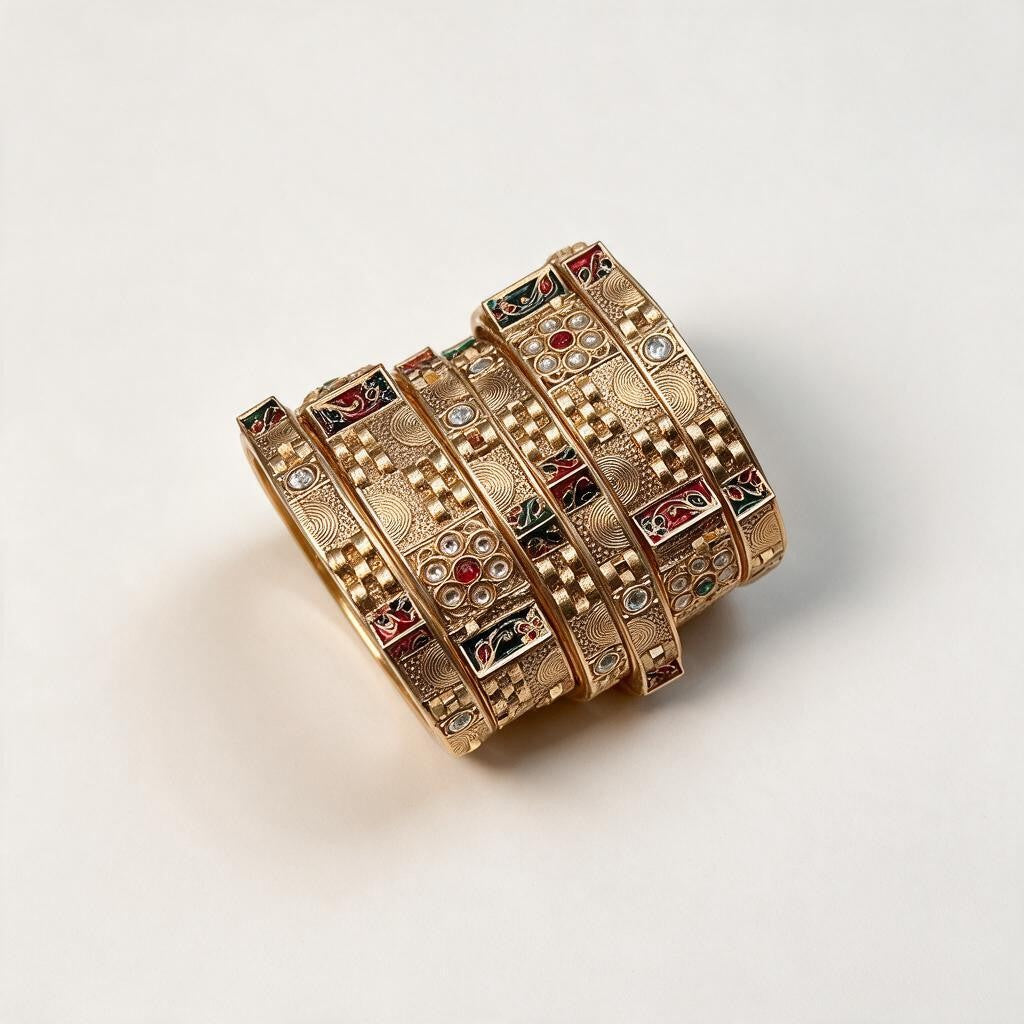 Ivvati Rajwadi Meenakari bangle set with red green detailing and clear stones
