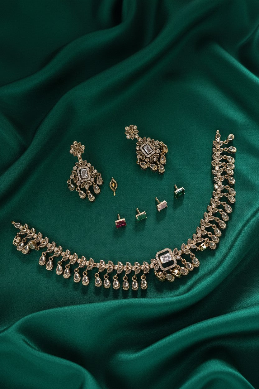 Ivvati changeable stone traditional gold finish necklace set with earrings