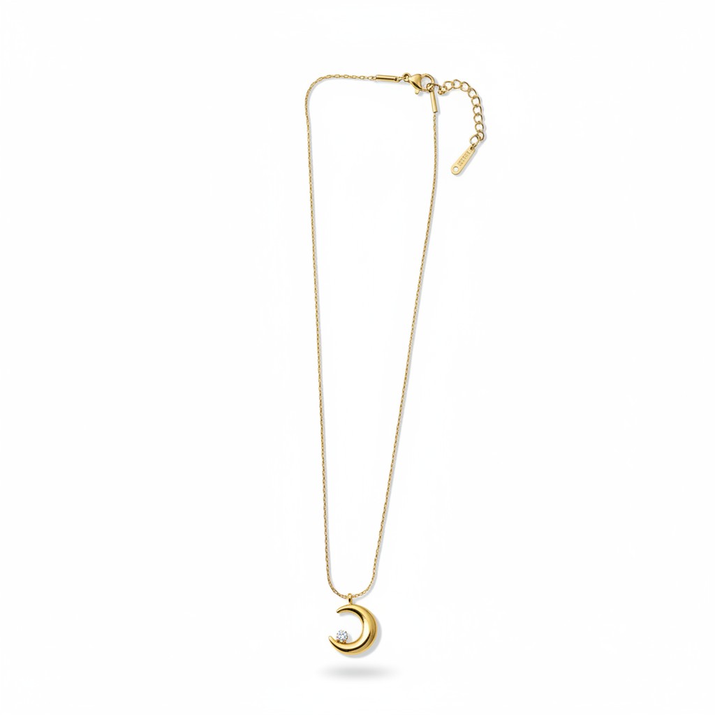 Minimal Demi-Fine crescent pendant necklace with CZ stone by Ivvati Art Jewellery