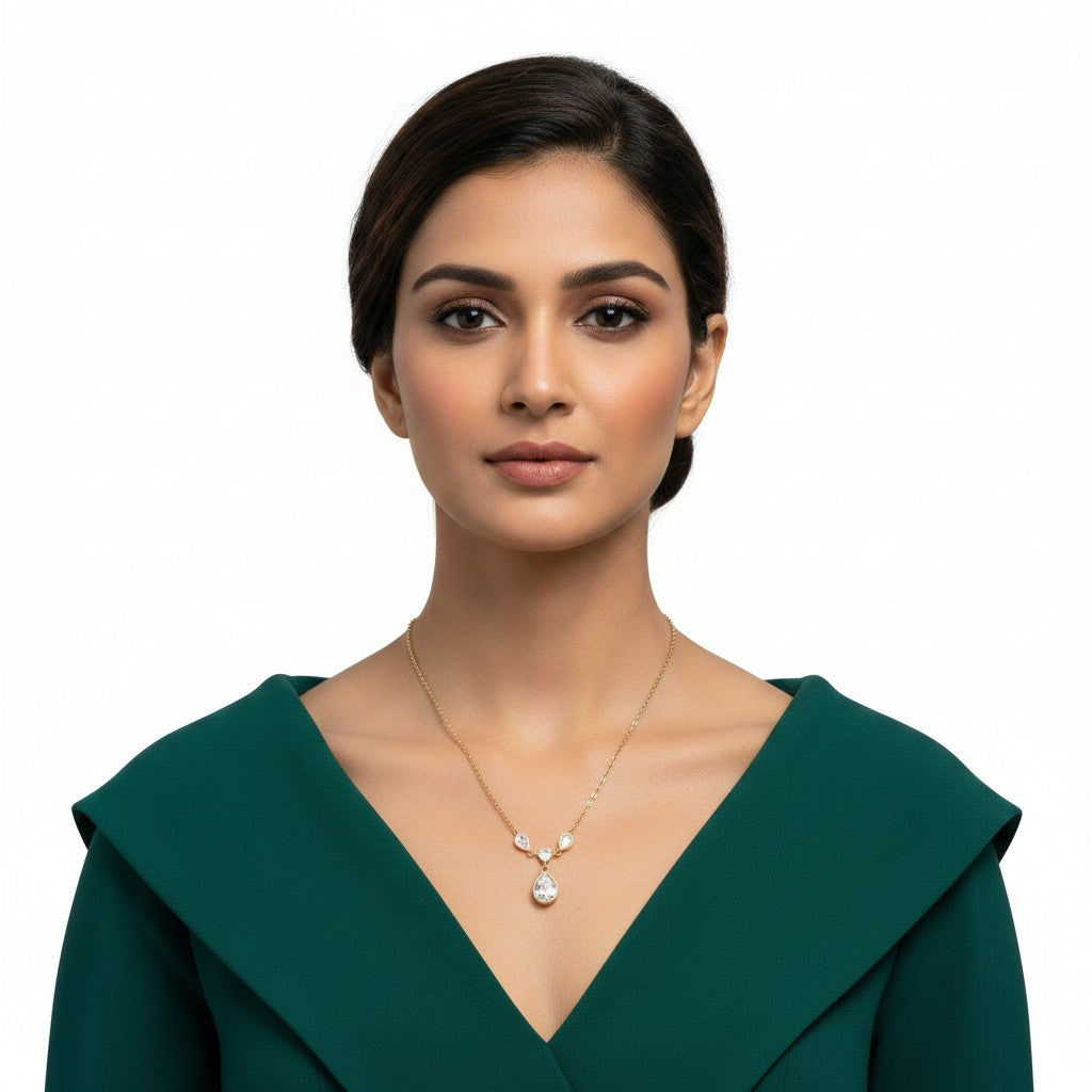 Demi-Fine gold-tone pear-shaped American Diamond pendant necklace by Ivvati
