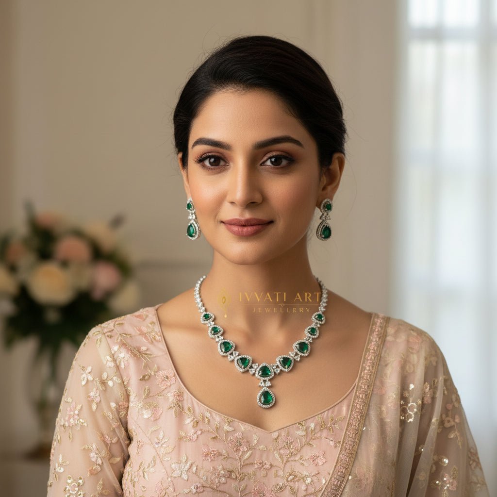 Ivvati Emerald Celestia Luxe Necklace Set – Green Stone CZ Jewellery jewellery - Necklace Set | Ivvati Art Jewellery