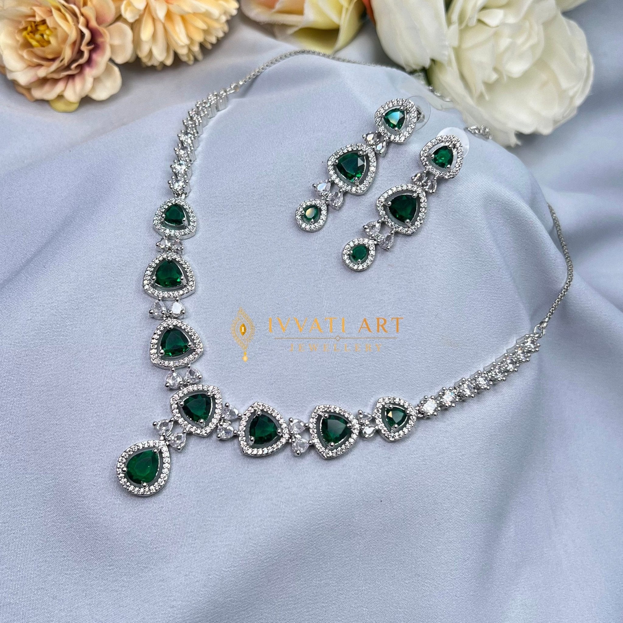 Ivvati Emerald Celestia Luxe Necklace Set – Green Stone CZ Jewellery jewellery - Necklace Set | Ivvati Art Jewellery