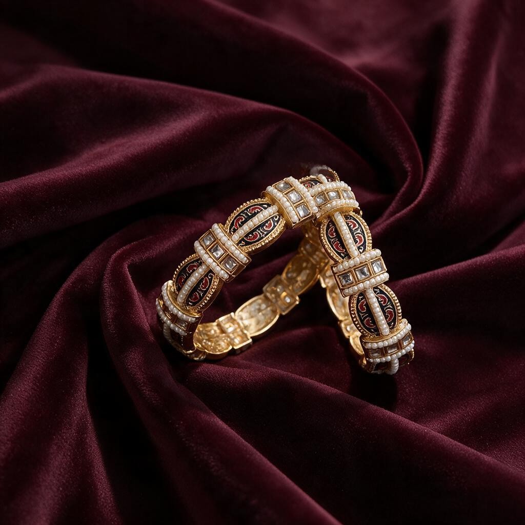 Ivvati gold-tone Meenakari pearl bangle pair for festive and wedding wear