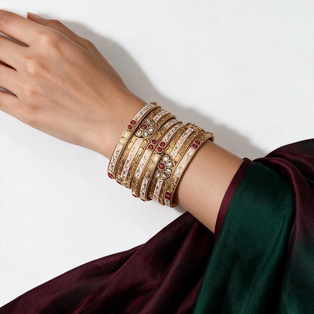 Ivvati gold-tone bangle set with enamel-style detailing and colourful stones