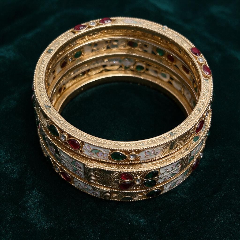 Ivvati gold-tone Rajwadi bangles with Meenakari-style floral detailing