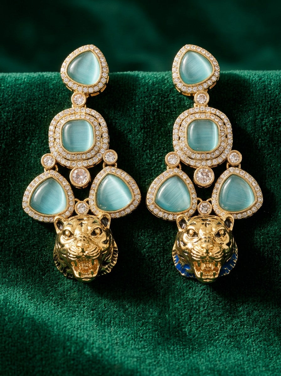 Ivvati green cat eye tiger statement earrings with CZ stones for women