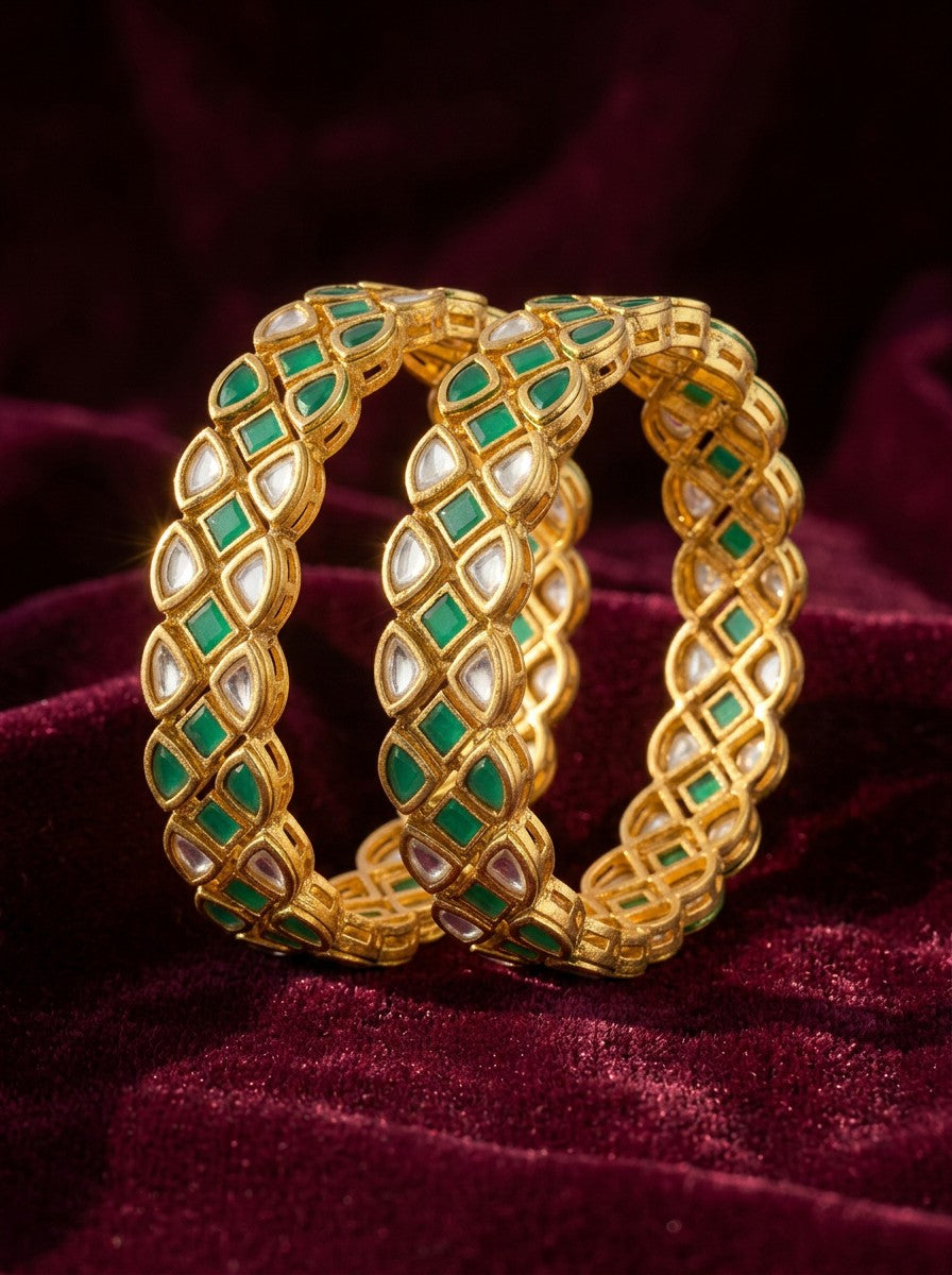 Ivvati green and white stone gold finish traditional bangles for women
