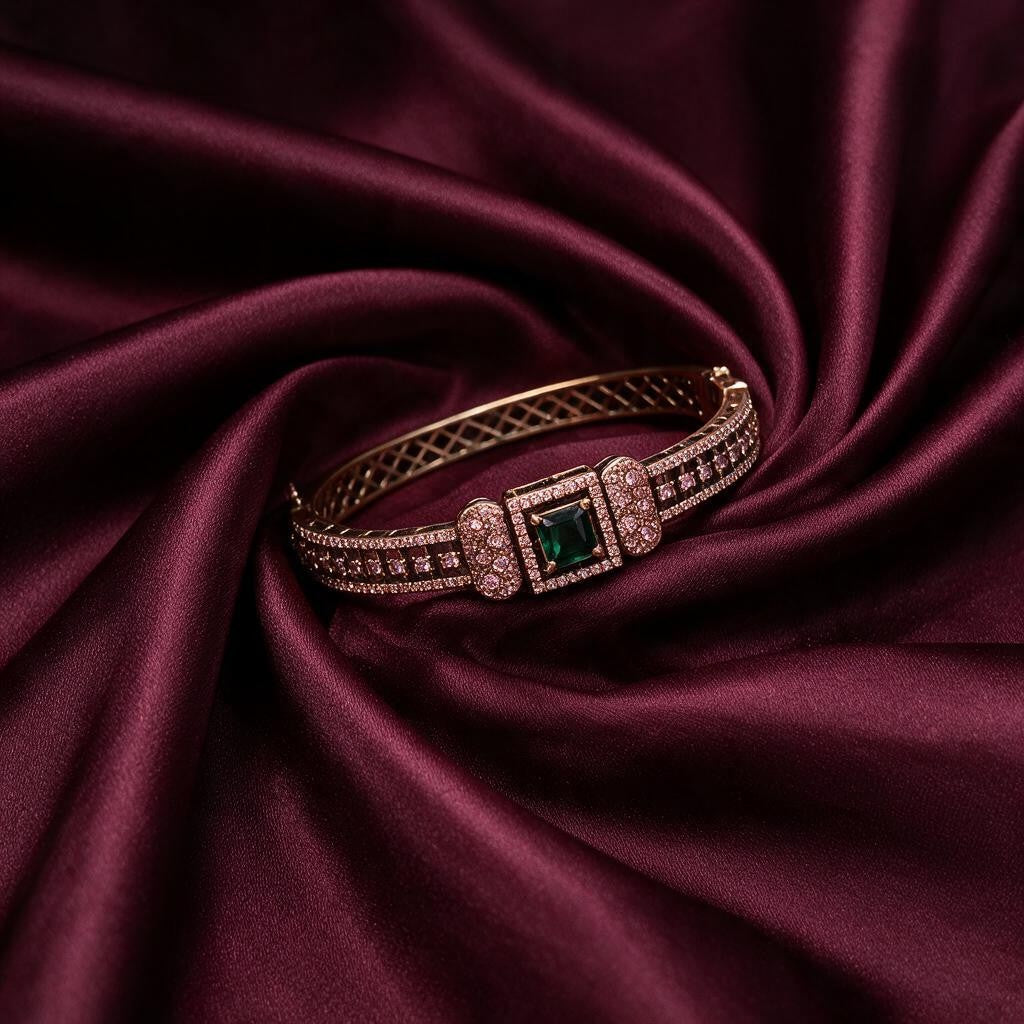 Ivvati Mehendi polish green stone kada bracelet with detailed stone setting