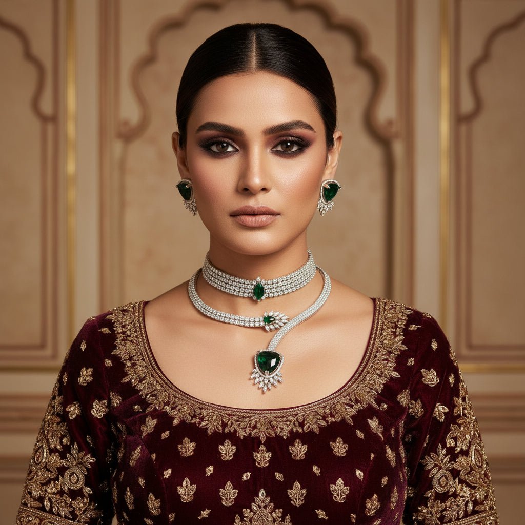 Ivvati Meher Emerald Choker Set – Green Stone American Diamond Jewellery jewellery - Necklace Set | Ivvati Art Jewellery