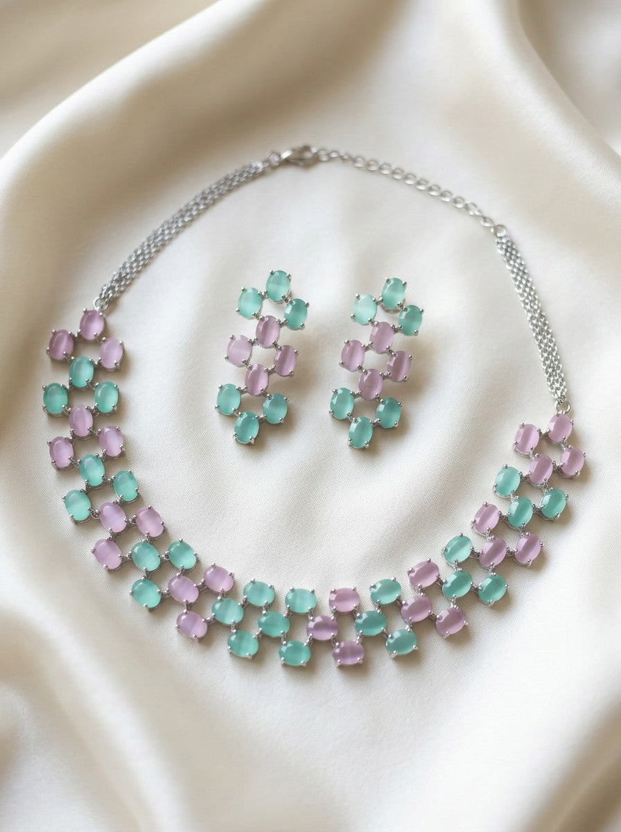 Ivvati pastel green and lavender stone statement necklace set with earrings for women