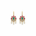 Ivvati pink and green floral Bugadi earrings with pearl drops and gold finish