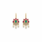 Ivvati pink and green floral Bugadi earrings with pearl drops and gold finish